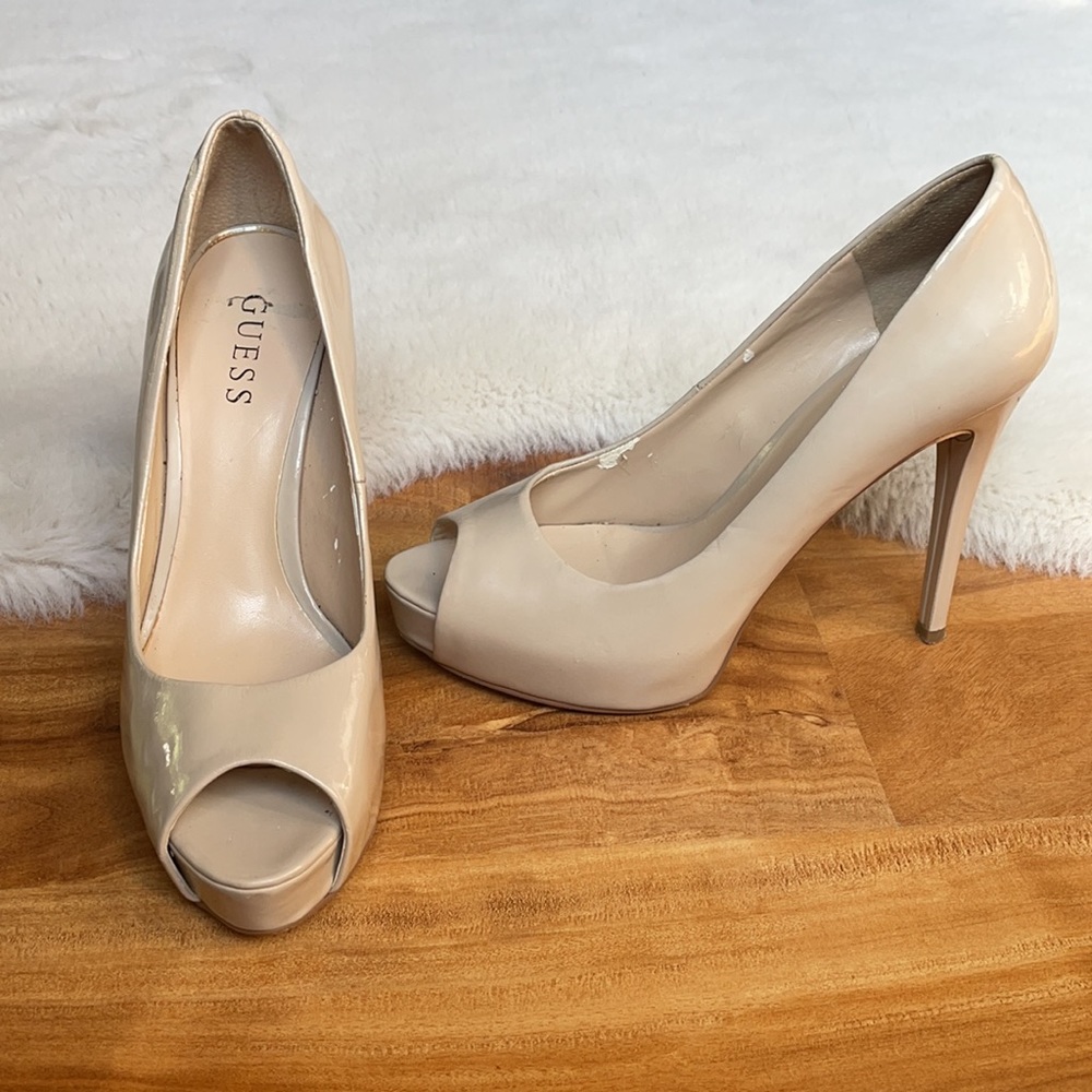 Guess | Nude Patent Peep Toe Heels | 8